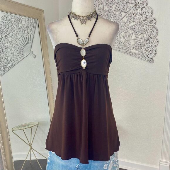 BCX Made in USA Early 2000's Dark Brown Cinched Babydoll Rhinestone Halter Top L - Picture 2 of 8